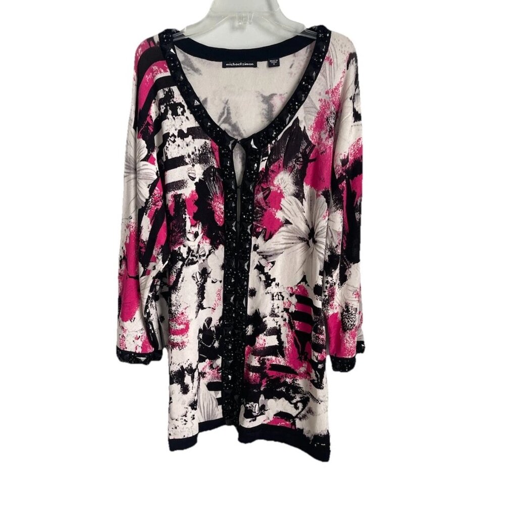 Michael Simon Floral Embellished Beaded Cardigan Sweater